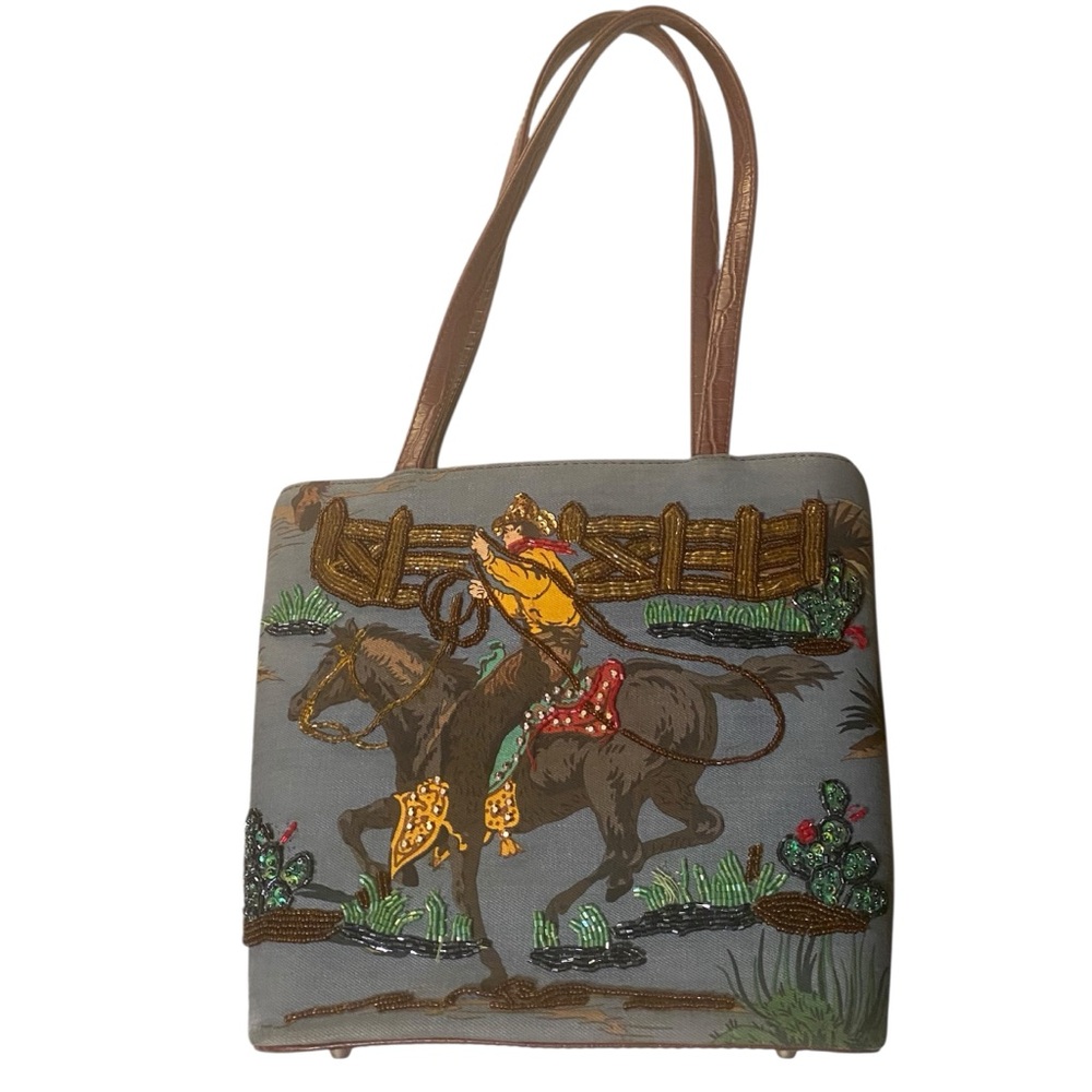 Embroidered Western Theme Tote Bag - Gray and Brown